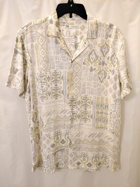 NWT SZ M Zara Men’s Short-Sleeve Geometric  Button Down Linen Blend Shirt